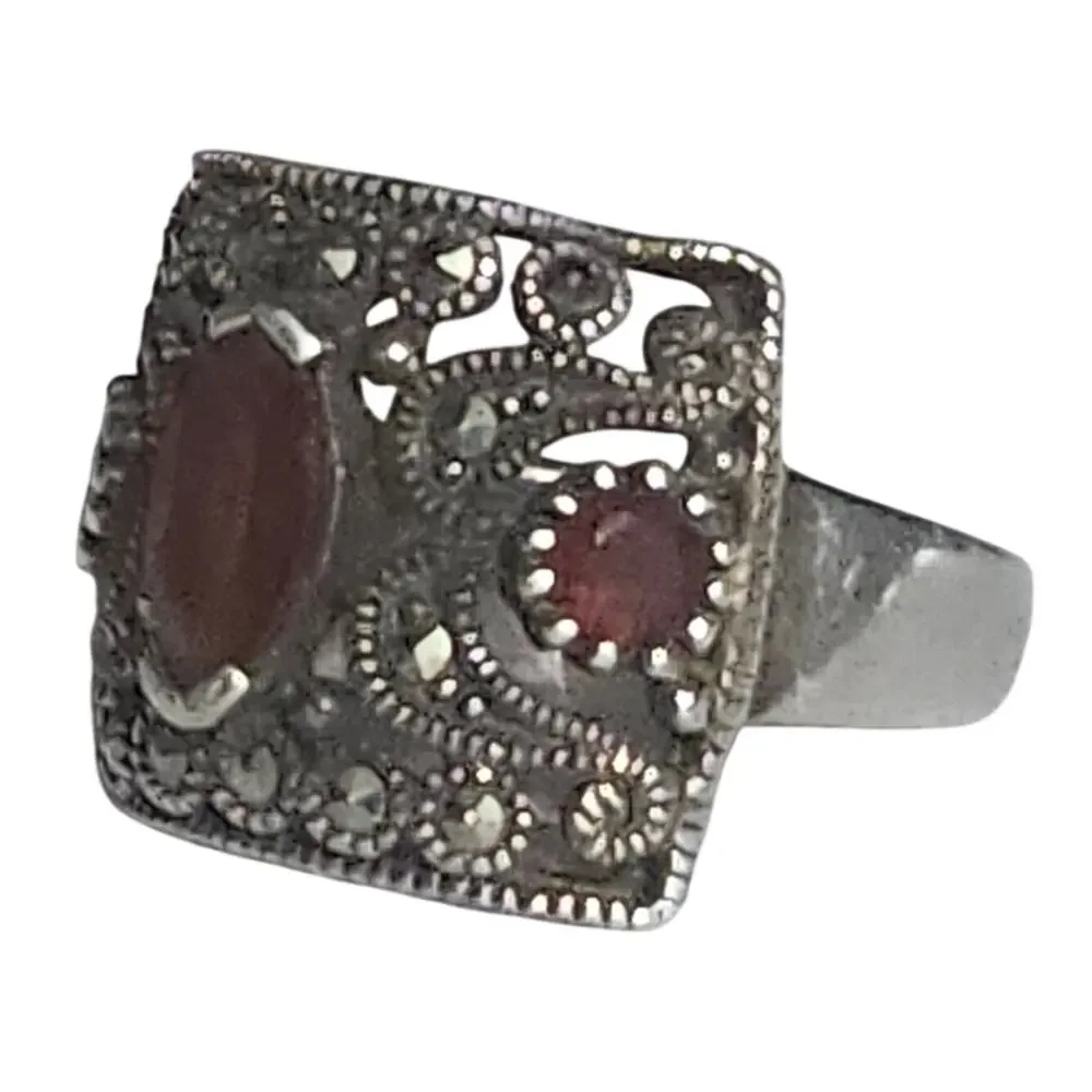 Vtg Thai 925 Sterling Silver Garnet Marcasite Art Deco Statement Ring Sz 9.25
